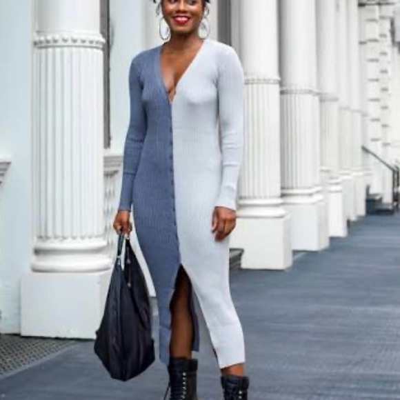 STAUD Gray colorblock Shoko Long Sleeve Knit Dress - Picture 2 of 4